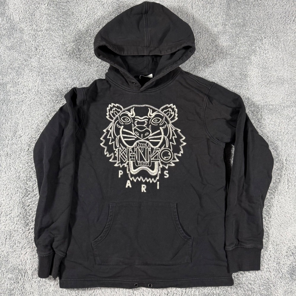 Kenzo Paris  Hoodie Mens Medium Black Tiger Head Embroidered Pullover Sweatshirt